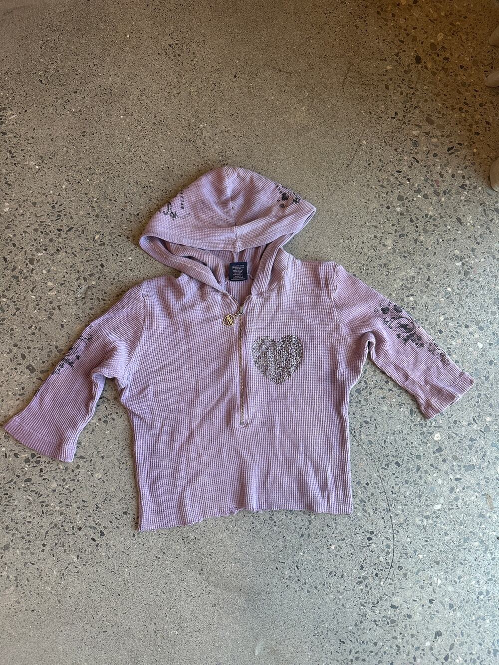 Sledge USA Women’s M Top Purple Vintage Y2K Waffle Knit Rhinestone Heart Hoodie